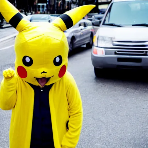 Image similar to A photograph of a man going to work in a pikachu suit