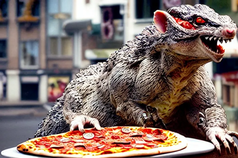 Prompt: emergence of the pizza rat, evolution, the new apex predator : unstoppable pizza rat : the reason god stays in heaven - he screams for pizza like godzilla roars - the extinction event we deserve.