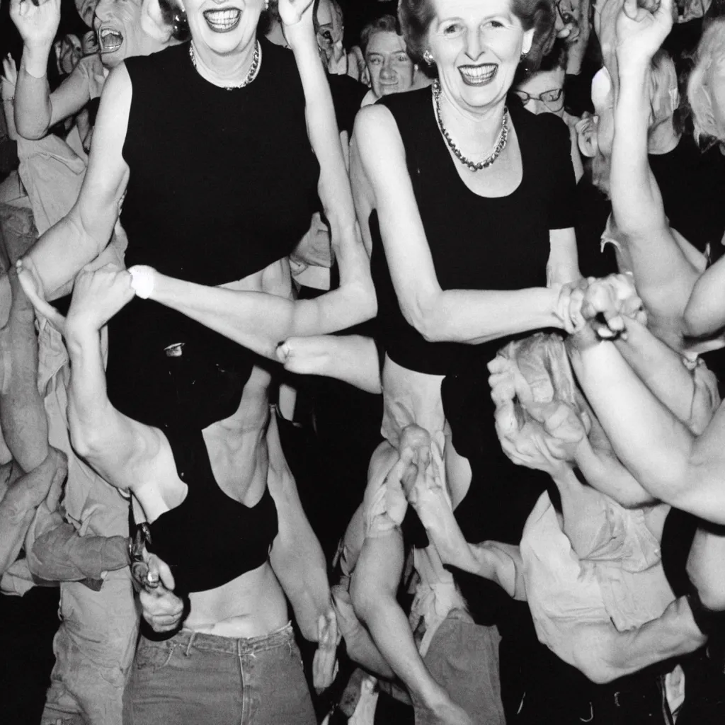 Image similar to margaret thatcher smiling, dancing in a night club wearing a black crop tank top and jeans shorts, photography