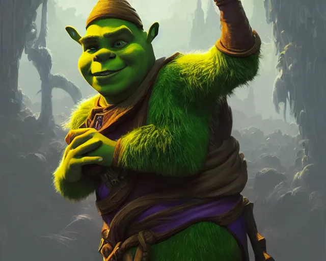 Prompt: michael cera as shrek, dressed as a wizard, deep focus, d & d, fantasy, intricate, elegant, highly detailed, digital painting, artstation, concept art, matte, sharp, illustration, hearthstone, art by artgerm and greg rutkowski and alphonse mucha