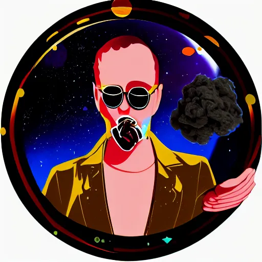 Image similar to inner worlds outer worlds spirituality multiverse man smoking cigar, cigar smoke becoming galactic