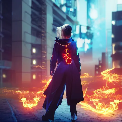 Prompt: variation young blonde woman from behind with flames dancing on her hands with a long jacket in a cyberpunk city, realistic, high definition, 4K, shimmering color, art of unreal engine 5