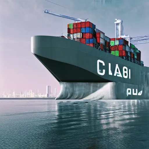 Image similar to photo of Immense industrial futuristic cargo ship arrives at cyber punk city sea port, cinematic lighting, photo