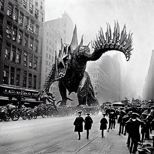 Image similar to old black and white photo, 1 9 1 3, depicting a giant biomechanical alien monster kaiju robot fighting the army through the bustling streets of new york city, historical record