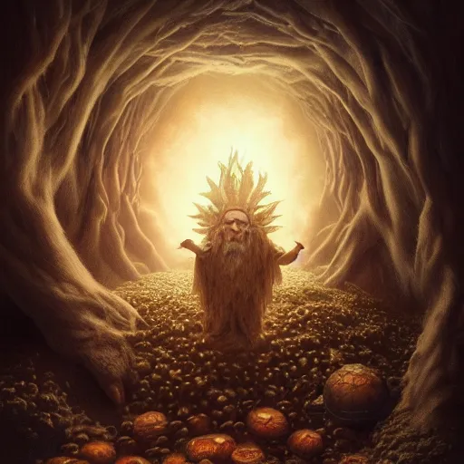 Prompt: by artgerm and agostino arrivabene, visually stunning, cinematic, ultra realistic, hyper realism, epic, octane render, unreal engine, vfx, a old druid preparing potion, fungal enchanter, murloc tinyfin, dread infernal, wee whelp, battle ram