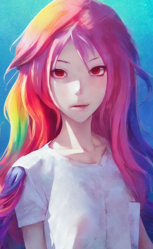 Image similar to a kawaii woman with rainbow hair, happy, summer time, soft eyes and narrow chin, dainty figure, long hair straight down, kawaii shirt and jeans, basic white background, In style of by Jordan Grimmer and greg rutkowski, crisp lines and color