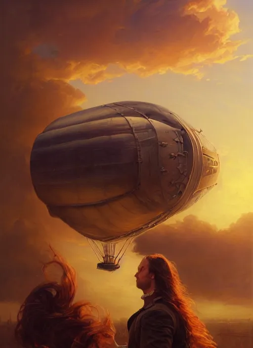 Prompt: portrait painting of a handsome face rugged long hair crimson hair male capitain, top half portrait soft hair steampunk ornate mechanical zeppelin blimp airship in the background sky sunset golden hour fantasy soft hair deviantart book cover art dramatic volumetric lighting art by wlop greg rutkowski gaston bussiere