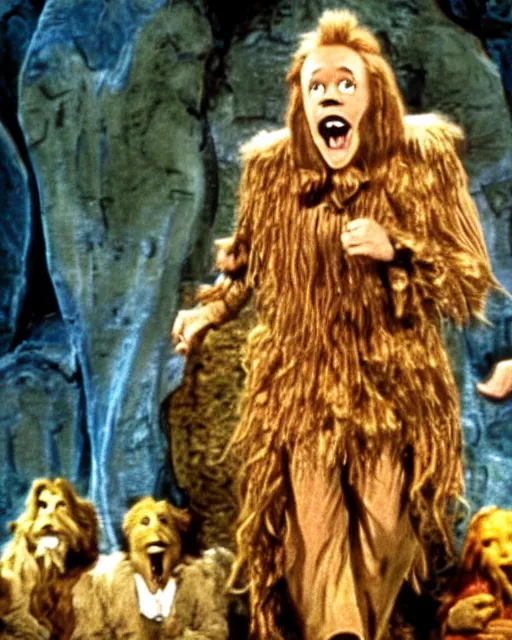 Prompt: George Carlin as The Cowardly Lion in The Wizard of Oz (1939), movie still