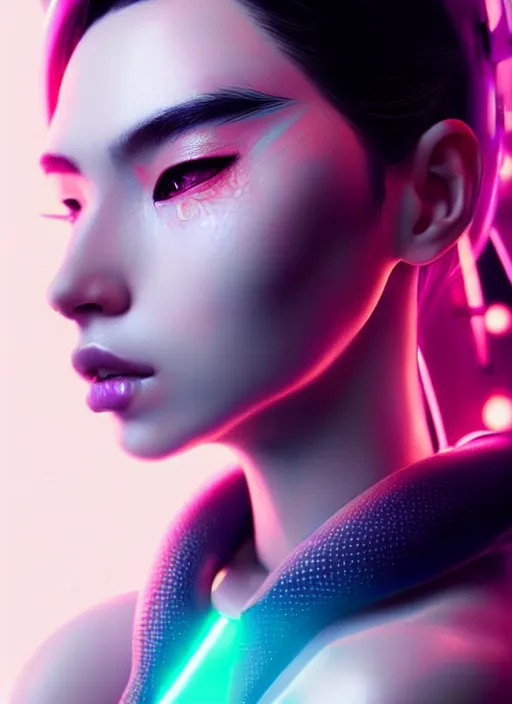 Image similar to photorealistic portrait of oriental female humanoid, freckle cheek, cyber neon lightings, highly detailed, cyberpunk high fashion, elegant, crispy quality, trending in artstation, trending in pinterest, glamor pose, no signature, no watermark, cinematic, octane render, art by artgerm, art by greg rutkowski, art by pascal blanche