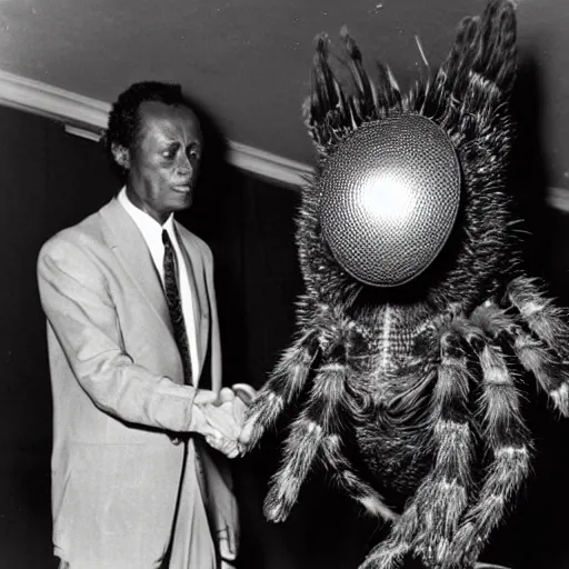 Image similar to miles davis shaking hands with a giant humanoid tarantula