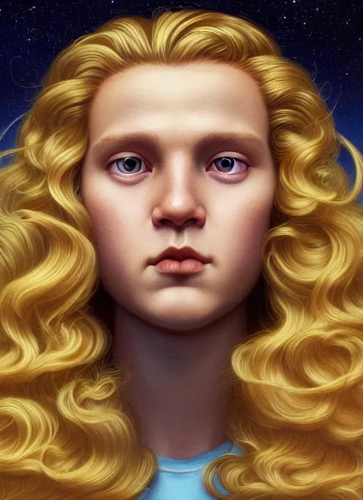 Image similar to highly detailed closeup portrait young plejaden woman with wavy blonde hair in a retro spaceship with large windows, stephen bliss, unreal engine, greg rutkowski, ilya kuvshinov, ross draws, hyung tae and frank frazetta, tom bagshaw, tom whalen, nicoletta ceccoli, mark ryden, earl norem, global illumination, god rays, detailed and intricate environment