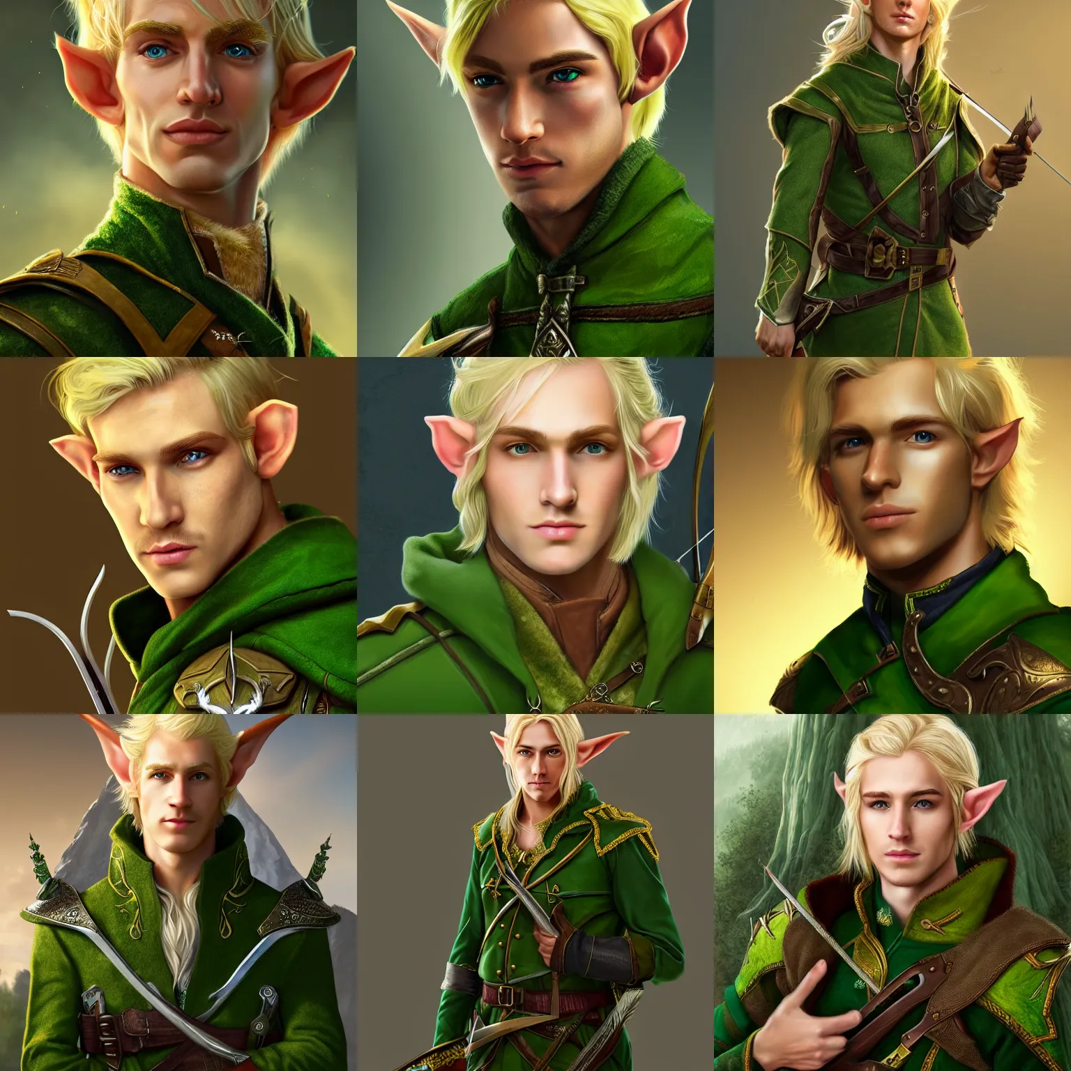 Prompt: Portrait of a Handsome blonde elven ranger in green jacket wielding two crossbows. ArtStation, Fantasy, 8K, Highly Detailed.