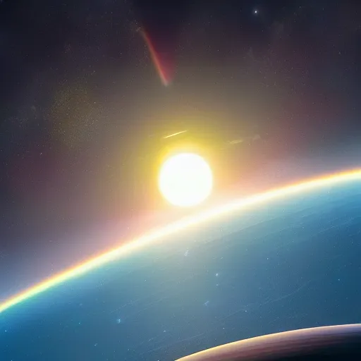 Image similar to horizon of the sun on a colorful exoplanet, view from space far away, artstation, cinematic, by greg rutkowski