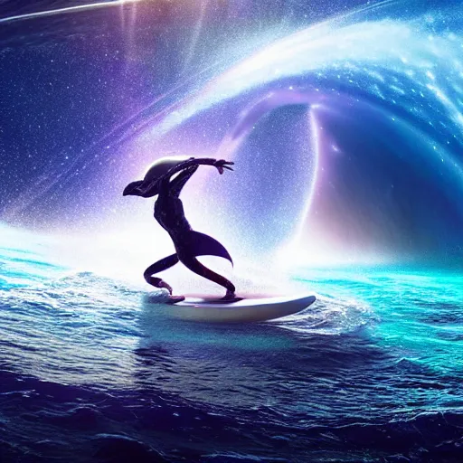 Image similar to photo of a alien surfing a surfboard on a crashing l wave of alien ocean in space, background is an alien galaxy, aliens in the background, alien colors, octane render, unreal engine, wide view, 8 k, high detaild