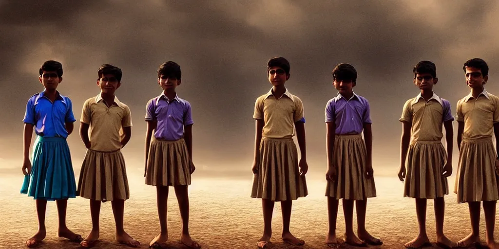 Prompt: kerala school boys wearing girls dresses posing for a photo, daylight, an epic fantasy, dramatic lighting, cinematic, establishing shot, extremely high detail, photorealistic, cinematic lighting, artstation, matte painting by christopher nolan, horizon forbidden west