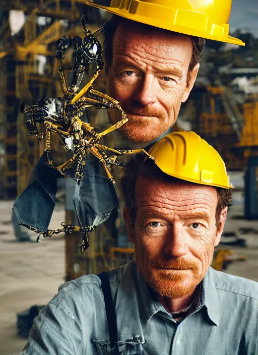 Image similar to closeup portrait of mecha bryan cranston with construction crane spider legs, yellow hardhat, natural light, bloom, detailed face, magazine, press, photo, steve mccurry, david lazar, canon, nikon, focus