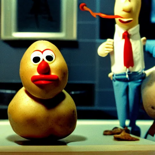 Image similar to mr potato head time bomb, in the cinematic style of diehard, tense