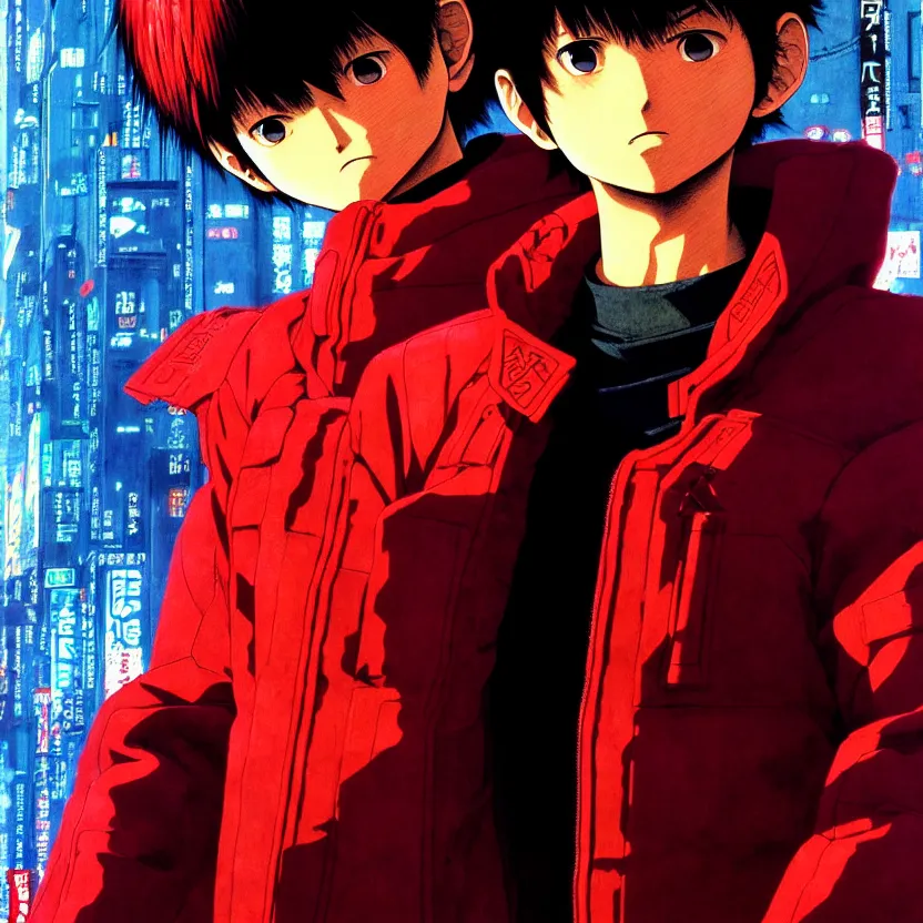 Prompt: portrait of kaneda with jacket from akira | anime, matte painting, perfect detailed face anime art, dystopian megacity neo - tokyo akira, shaded perfect, fine details. realistic shaded lighting anime manga artwork by katsuhiro otomo, akira, artgerm, jeremy lipkin and michael garmash and rob rey