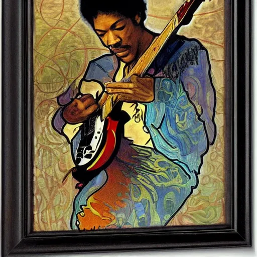 Image similar to Jimy Hendrix playing electric guitar by Alfons Mucha, masterpiece