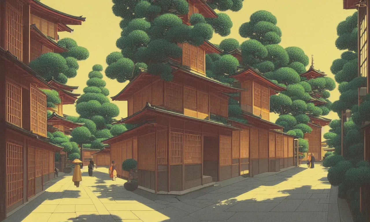 Image similar to an achingly beautiful print of a quiet street in Kyoto Japan with temples and plants, water fountains, magical details, by Raphael, Hopper, and Rene Magritte. detailed, romantic, enchanting, trending on artstation.