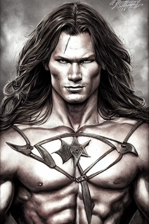 Image similar to portrait of pretty muscular sam winchester as a irish warrior mage alternative universe, muscular body tattooed, d & d!, fantasy style, sharp focus!, ultra detailed, art by artgerm and peter andrew jones, wlop