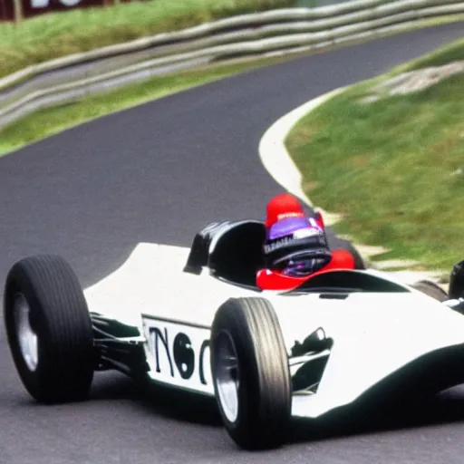 Prompt: rowan atkinson driving a modern formula 1 car around the silverton track