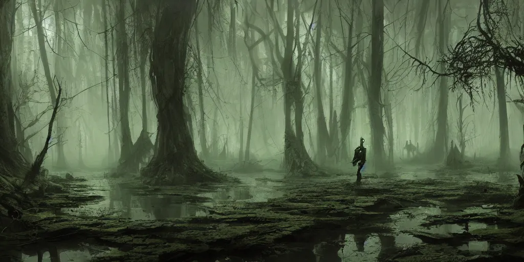 Prompt: Rancid and malevolent swamp, dark murky atmosphere, green hue, Darek Zabrocki, Marcin Rubinkowski, Lorenzo Lanfranconi, Karlkka, trending on Artstation, 8K