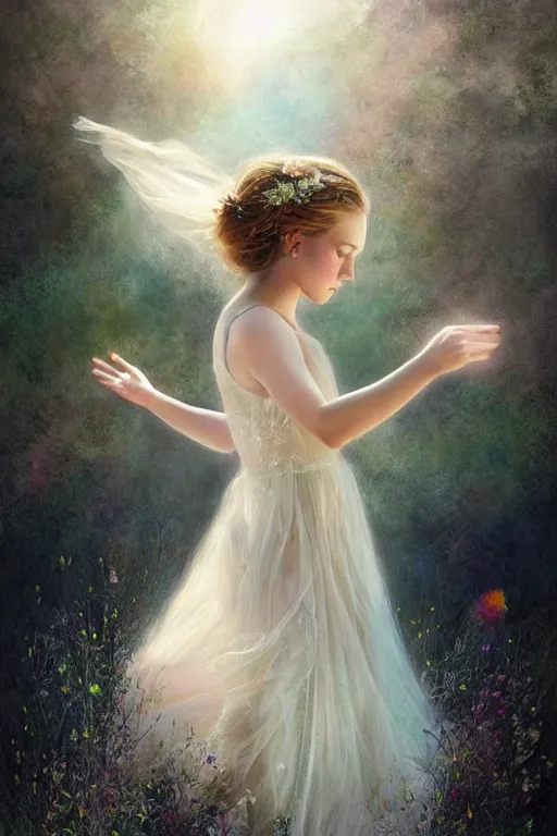 Image similar to very beautiful little girl dancing in the wind, beautiful face, ultradetailed, ethereal, flowers, beautiful wedding dress, gorgeous, volumetric lighting, elegant, digital painting, concept art, illustration, limited color palette, atmosphere and tension, art by greg olsen and liz lemon swindle