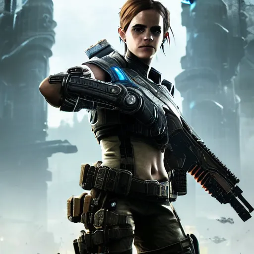 Image similar to emma watson in gears of war, destiny 2, witcher 3, god of war, warframe, cyberpunk 2 0 7 7, overwatch, fortnite, highly detailed, extremely high quality, hd, 4 k, professional photographer, 4 0 mp, lifelike, top - rated, award winning, realistic, detailed lighting, detailed shadows, sharp, edited, corrected, trending