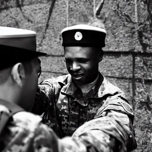 Prompt: Black and white photo of a soldier taking a selfie