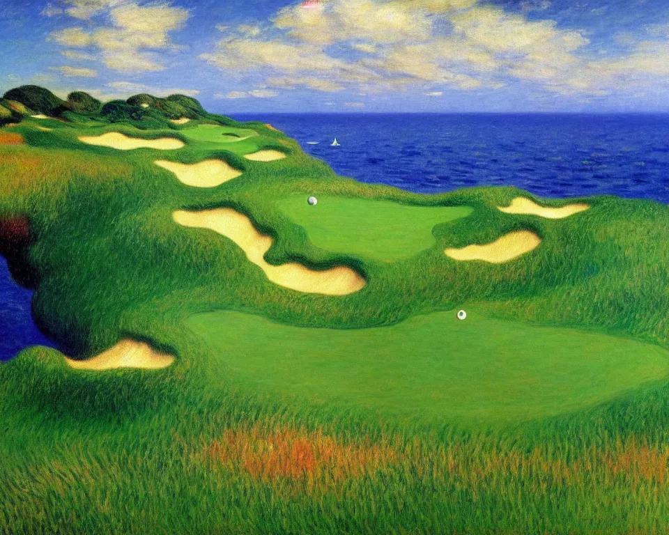 Image similar to achingly beautiful painting of pacific dunes course by rene magritte, monet, and turner.