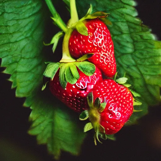 Prompt: a strawberry with eyes instead of pips, photography.