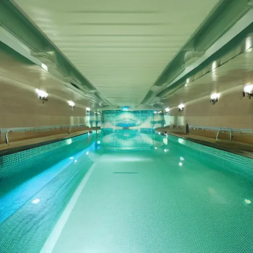 Prompt: a flooded indoor pool, underground, surreal, hotel pool, iminal space,