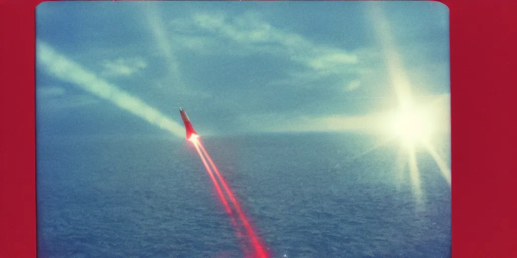 Prompt: analog polaroid photograph of a space missile launch in the ocean, seen from above, drone footage, bright sun reflection in the water, lensflare, film grain, azure tones, red color bleed
