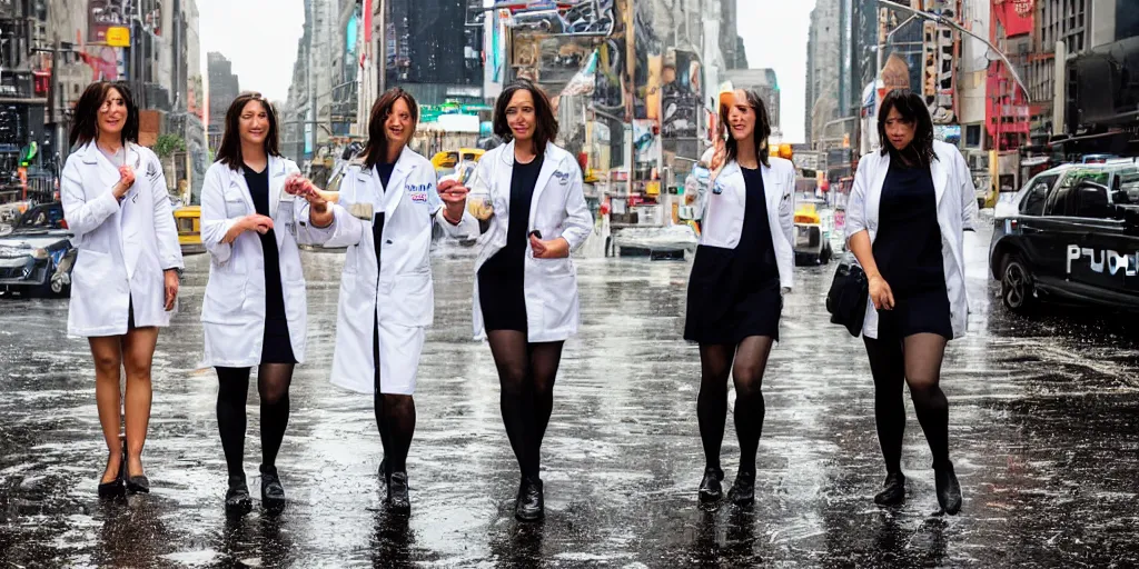 Prompt: 3 beautiful woman plaque doctors wearing white wet short sun dresses walking toward the camera in the wet cyberpunk streets of new york at sunset, police hover cars in the background, mud puddles,