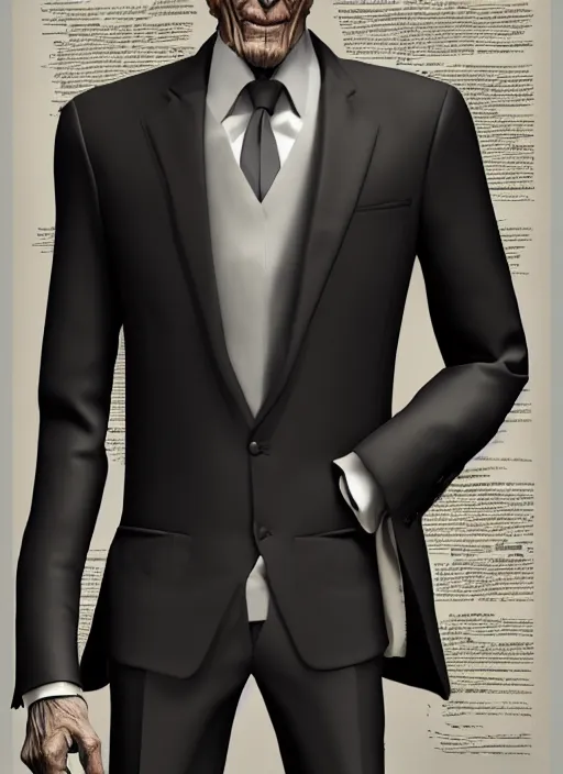 Image similar to full length portrait of skinny old man with parchment colored boney head, wearing a black high necked suit with patched elbows 8 k realistic hyper detailed artstation concept art