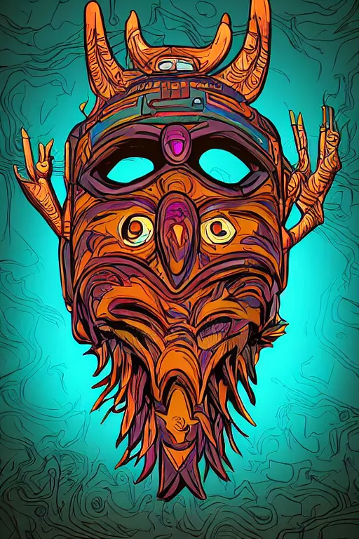 Image similar to totem animal mask tribal feather gemstone plant wood rock shaman vodoo video game vector illustration vivid color borderlands by josan gonzales and dan mumford radiating a glowing aura