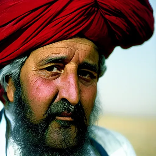 Image similar to portrait of president millard fillmore as afghan man, green eyes and red turban looking intently, photograph by steve mccurry