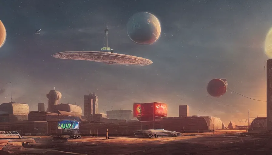 Image similar to a beautiful matte painting of a flying science fiction space ship over the old soviet city simon stalenhag and alan bean, trending on artstation, realistic rendering