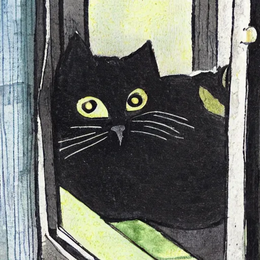 Image similar to sad black cat outside clawing at window, by Tom hammick