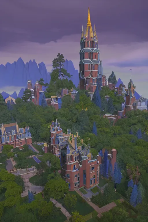 Image similar to view of the mysterious blue tower in its gardens after a storm, tall windows lit up, beautiful ornamental architecture, dramatic cinematic lighting, rich colors, by Nicholas Roerich and William Dyce and April Gornik and Sylvain Sarrailh, unreal engine