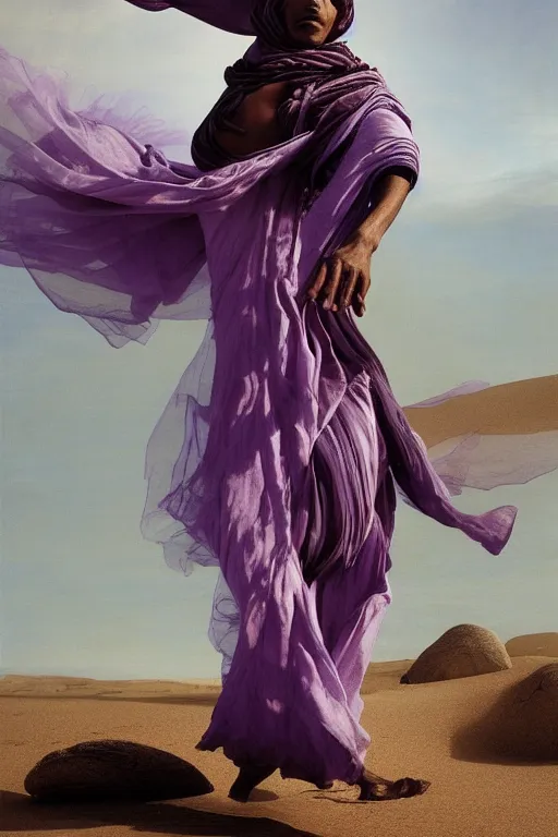 Image similar to full lenght flowing twisted clothes like tornado a old tuareg woman, many fabric, stones near foot, wind, stands on sand, full body shot, dark background, pastel purple colour scheme, jellyfish phoenix, highly detailed. by caravaggio, greg rutkowski