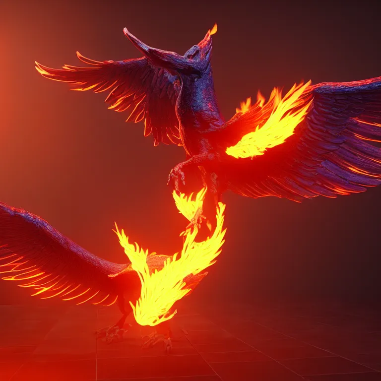 Prompt: phoenix with with flamimg wings, 3 d render, 3 d rendered, hdr, unreal engine 5, ray tracing, dynamic lighting, flame colors, black gradient background, high detail,