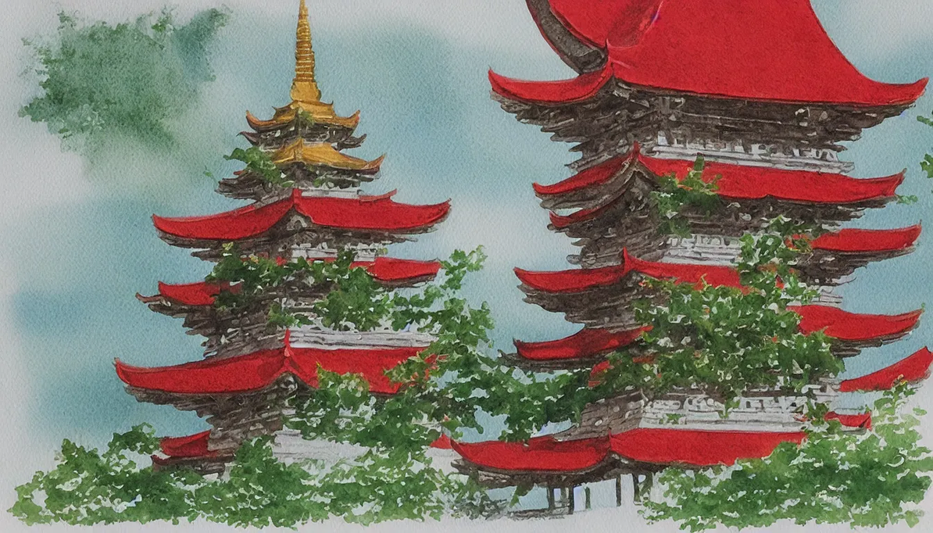 Image similar to watercolour painting of a pagoda, green and red accents, tea drinking