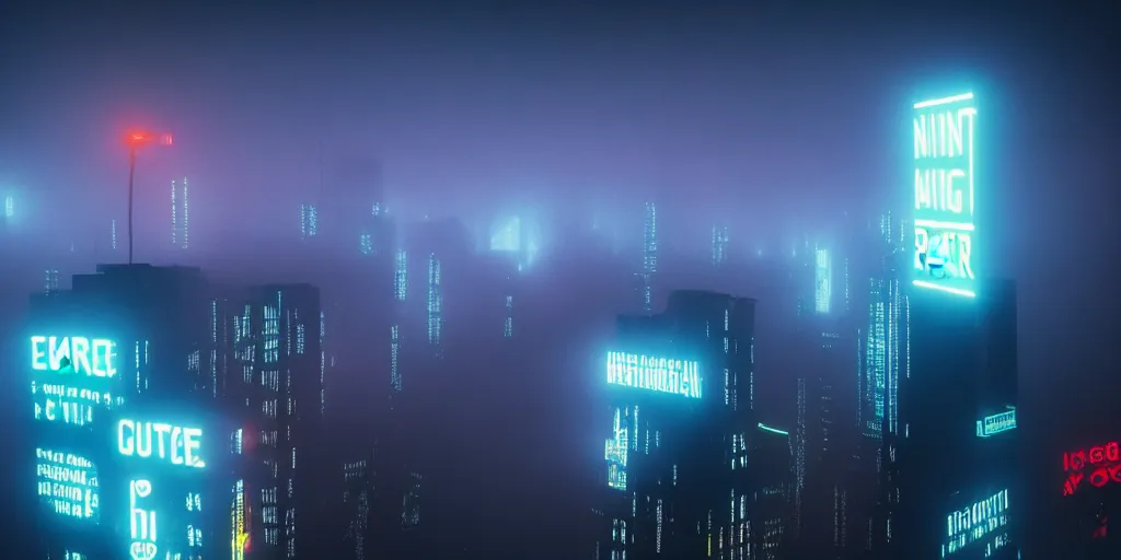 Image similar to giant illuminated advert screens, eerie fog, megacity streets seen from above, neon signs, blade runner, ex machina