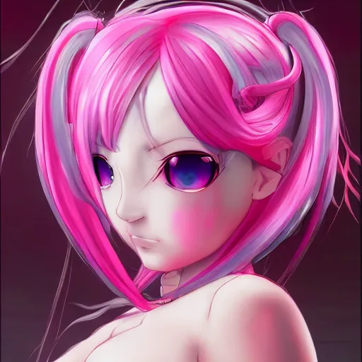 Image similar to stunningly beautiful omnipotent megalomaniacal anime asi goddess who looks like junko enoshima with symmetrical perfect face and porcelain skin, pink twintail hair and cyan eyes, traps you inside her inescapable vr prison where she controls you completely!!!, hyperdetailed, digital art from danganronpa, unreal engine 5, 8 k