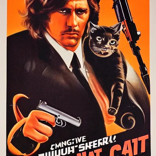 Image similar to movie poster for a 7 0 s s action film where the main character is a cat holding a gun, high detail portraits