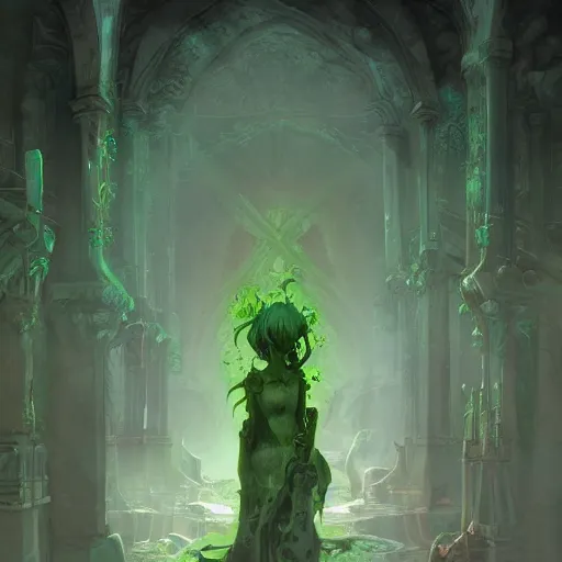 Prompt: The palace was damp and dark, with mold growing in every nook and cranny, The walls were covered in green and black slime with a figure standing in the center of the room in the style of anime by Peter Mohrbacher, anime trending on artstation, HD,