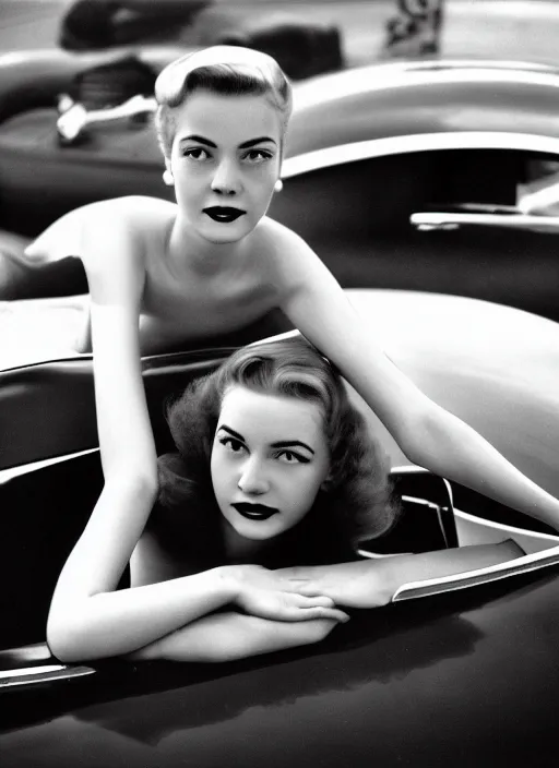 Image similar to Young woman sitting on a sports car, 1950s award winning photo highly detailed, highly in focus, highly life-like, facial closeup taken on Arriflex 35 II, by stanley kubrick