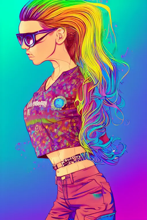 Image similar to a award winning half body portrait of a beautiful woman with stunning eyes in a printed croptop and cargo pants with rainbow colored ombre hairstyle head in motion and hair flying by josan gonzales, outrun, vaporware, shaded flat illustration, digital art, trending on artstation, highly detailed, fine detail, intricate